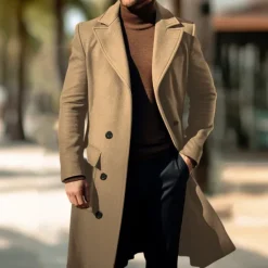 Online OUKU Men's Winter Coat Overcoat Peacoat Outdoor Daily Wear Fall & Winter Polyester Thermal Warm Waterproof Outerwear Clothing Apparel Fashion Streetwear Plain Lapel Double Breasted