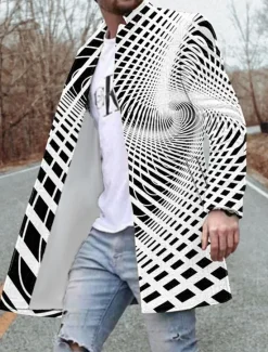 Outlet OUKU Men's Winter Coat Overcoat Coat Going out Weekend Print Fall & Winter Turndown Long Regular Fit White Red Green Jacket