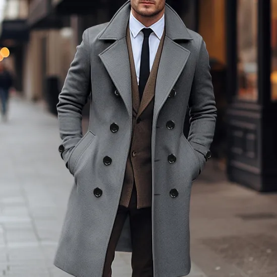 Discount OUKU Men's Winter Coat Overcoat Peacoat Trench Coat Outdoor Daily Wear Fall & Winter 95% polyester 5% cotton Thermal Warm Windbreaker Outerwear Clothing Apparel Fashion Streetwear Plain Lapel Double
