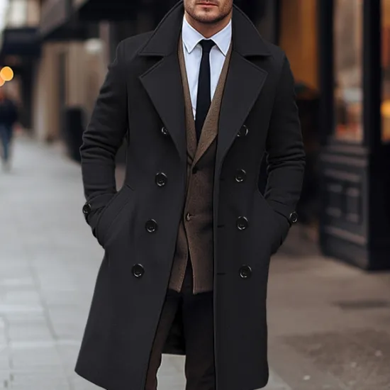 Discount OUKU Men's Winter Coat Overcoat Peacoat Trench Coat Outdoor Daily Wear Fall & Winter 95% polyester 5% cotton Thermal Warm Windbreaker Outerwear Clothing Apparel Fashion Streetwear Plain Lapel Double