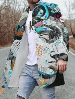 OUKU Men's Winter Coat Overcoat Coat Going out Weekend Print Fall & Winter Turndown Long Sleeve Yellow Red Blue