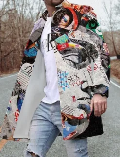 OUKU Men's Winter Coat Overcoat Coat Going out Weekend Print Fall & Winter Turndown Long Sleeve Yellow Red Blue