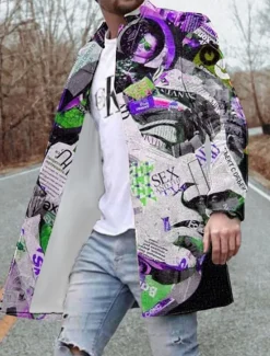 OUKU Men's Winter Coat Overcoat Coat Going out Weekend Print Fall & Winter Turndown Long Sleeve Yellow Red Blue