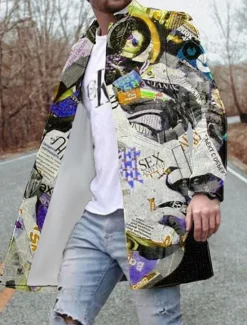 OUKU Men's Winter Coat Overcoat Coat Going out Weekend Print Fall & Winter Turndown Long Sleeve Yellow Red Blue