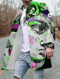 OUKU Men's Winter Coat Overcoat Coat Going out Weekend Print Fall & Winter Turndown Long Sleeve Yellow Red Blue