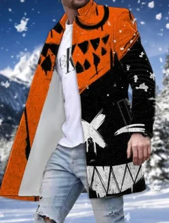 Sale OUKU Men's Winter Coat Overcoat Coat Going out Weekend Print Fall & Winter Turndown Long Sleeve White Red Blue