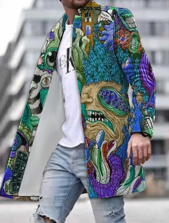 Clearance OUKU Men's Winter Coat Overcoat Coat Work Wear to work Warm Breathable Pocket Print Fall & Winter Abstract Graphic Prints Fashion Streetwear Turndown Long Regular Fit Yellow Blue Green Jacket