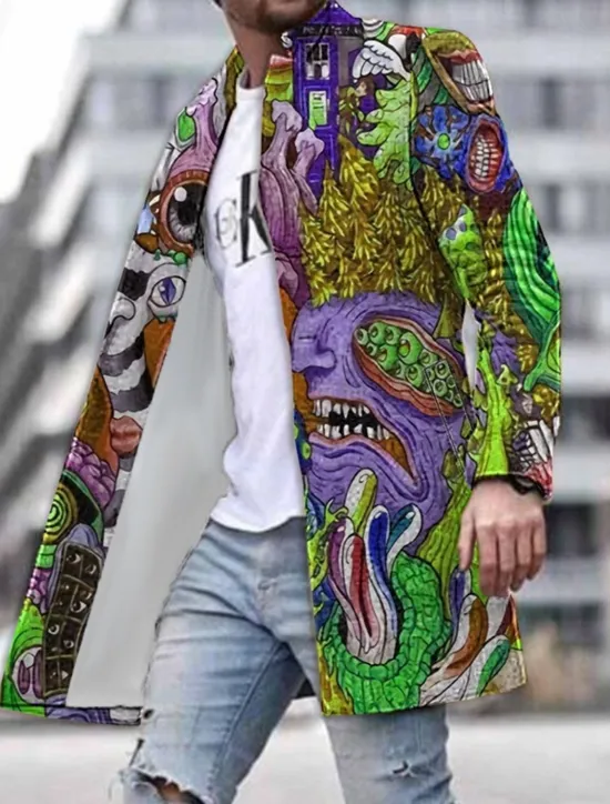 Clearance OUKU Men's Winter Coat Overcoat Coat Work Wear to work Warm Breathable Pocket Print Fall & Winter Abstract Graphic Prints Fashion Streetwear Turndown Long Regular Fit Yellow Blue Green Jacket