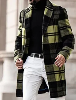 OUKU Men's Winter Coat Overcoat Coat Sports & Outdoor Daily Wear Warm Breathable Pocket Print Fall & Winter Plaid Fashion Business Turndown Long Regular Fit Yellow Blue Purple Brown Green Jacket