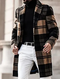 OUKU Men's Winter Coat Overcoat Coat Sports & Outdoor Daily Wear Warm Breathable Pocket Print Fall & Winter Plaid Fashion Business Turndown Long Regular Fit Yellow Blue Purple Brown Green Jacket