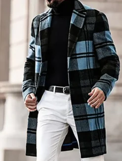 OUKU Men's Winter Coat Overcoat Coat Sports & Outdoor Daily Wear Warm Breathable Pocket Print Fall & Winter Plaid Fashion Business Turndown Long Regular Fit Yellow Blue Purple Brown Green Jacket