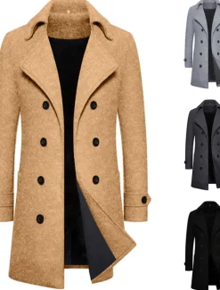 Online OUKU Men's Winter Coat Overcoat Peacoat Long Trench Coat Outdoor Daily Wear Fall & Winter 95% polyester 5% cotton Warm Outerwear Clothing Apparel Fashion Streetwear Plain Lapel Double Breasted