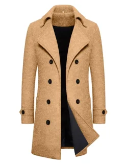 Online OUKU Men's Winter Coat Overcoat Peacoat Long Trench Coat Outdoor Daily Wear Fall & Winter 95% polyester 5% cotton Warm Outerwear Clothing Apparel Fashion Streetwear Plain Lapel Double Breasted