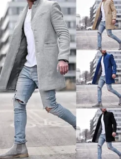 Online OUKU Men's Winter Coat Overcoat Trench Coat Short Coat Overcoat Work Business Winter Polyester Warm Outerwear Clothing Apparel Solid Colored Classic Style Notch lapel collar