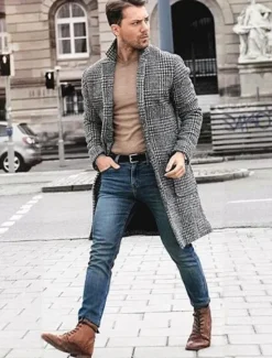 OUKU Men's Winter Coat Overcoat Business Casual Fall Winter Polyester Outerwear Clothing Apparel Houndstooth Notch lapel collar Open Front