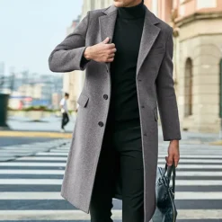 OUKU Men's Winter Coat Overcoat Office / Career Business Fall Winter Polyester Windproof Warm Outerwear Clothing Apparel Chic & Modern Glamorous & Dramatic non-printing Pure Color Pocket Turndown Single