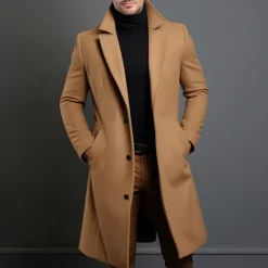 OUKU Men's Winter Coat Overcoat Long Trench Coat Outdoor Daily Wear Fall & Winter 95% Polyester 5% Spandex Outerwear Clothing Apparel Fashion Streetwear Plain Lapel Double Breasted