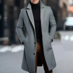 OUKU Men's Winter Coat Overcoat Long Trench Coat Outdoor Daily Wear Fall & Winter 95% Polyester 5% Spandex Outerwear Clothing Apparel Fashion Streetwear Plain Lapel Double Breasted