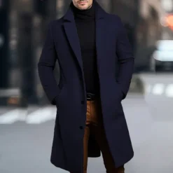 OUKU Men's Winter Coat Overcoat Long Trench Coat Outdoor Daily Wear Fall & Winter 95% Polyester 5% Spandex Outerwear Clothing Apparel Fashion Streetwear Plain Lapel Double Breasted