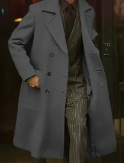 Online OUKU Men's Winter Coat Overcoat Long Trench Coat Outdoor Daily Wear Fall Winter Polyester Outerwear Clothing Apparel Fashion Streetwear Plain Lapel Double Breasted