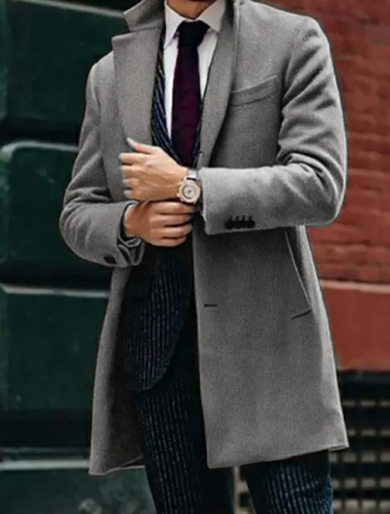 New OUKU Men's Winter Coat Overcoat Trench Coat Outdoor Business Fall Winter Polyester Warm Outerwear Clothing Apparel Streetwear Casual Solid Color Quilted Notch lapel collar Single Breasted