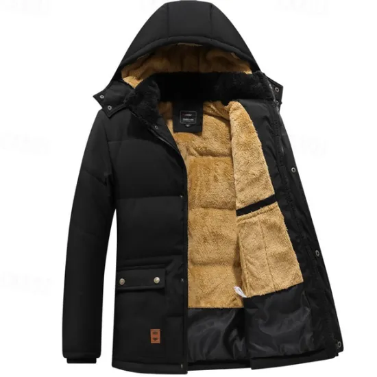 New OUKU Men's Winter Coat Parka Pocket Polyster Fleece lined Vacation Daily Wear Date Regular Fashion Casual Comfortable Thermal Warm Fall & Winter Solid / Plain Color Puffer Jacket Black