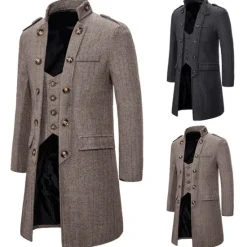 Outlet OUKU Men's Winter Coat Peacoat Coat Business Casual Winter Cotton Blend Warm Outerwear Clothing Apparel Stylish Classic & Timeless non-printing Solid Color Pocket Stand Collar Double Breasted