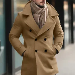 Online OUKU Men's Winter Coat Peacoat Trench Coat Outdoor Daily Wear Fall & Winter Polyester Thermal Warm Outerwear Clothing Apparel Fashion Streetwear Plain Pocket Lapel Double Breasted