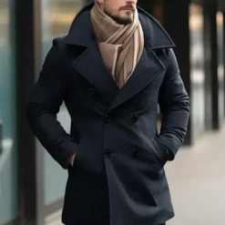Online OUKU Men's Winter Coat Peacoat Trench Coat Outdoor Daily Wear Fall & Winter Polyester Thermal Warm Outerwear Clothing Apparel Fashion Streetwear Plain Pocket Lapel Double Breasted