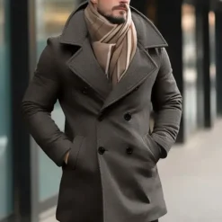 Online OUKU Men's Winter Coat Peacoat Trench Coat Outdoor Daily Wear Fall & Winter Polyester Thermal Warm Outerwear Clothing Apparel Fashion Streetwear Plain Pocket Lapel Double Breasted