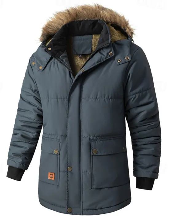 New OUKU Men's Winter Coat Puffer Jacket Fleece Jacket Padded Jacket Pocket Polyster Vacation Daily Wear Date Regular Fashion Casual Comfortable Thermal Warm Fall & Winter Solid / Plain Color Black Dark Blue