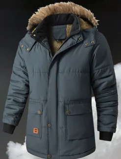 New OUKU Men's Winter Coat Puffer Jacket Fleece Jacket Padded Jacket Pocket Polyster Vacation Daily Wear Date Regular Fashion Casual Comfortable Thermal Warm Fall & Winter Solid / Plain Color Black Dark Blue