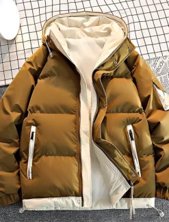 Discount OUKU Men's Winter Coat Puffer Jacket Padded Jacket Hoodie Jacket Pocket Daily Vacation Going out Regular Fashion Classic Casual Warm Fall & Winter Color Block Black Light Green Coffee Puffer Jacket