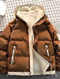 Discount OUKU Men's Winter Coat Puffer Jacket Padded Jacket Hoodie Jacket Pocket Daily Vacation Going out Regular Fashion Classic Casual Warm Fall & Winter Color Block Black Light Green Coffee Puffer Jacket