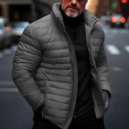 Online OUKU Men's Winter Coat Puffer Jacket Quilted Jacket Transition Jacket Pocket Cotton Pocket Vacation Daily Wear Date Regular Fashion Casual Comfortable Thermal Warm Fall & Winter Solid / Plain Color Black