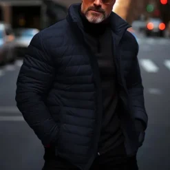 Online OUKU Men's Winter Coat Puffer Jacket Quilted Jacket Transition Jacket Pocket Cotton Pocket Vacation Daily Wear Date Regular Fashion Casual Comfortable Thermal Warm Fall & Winter Solid / Plain Color Black