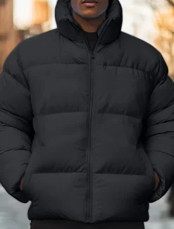 Sale OUKU Men's Winter Coat Puffer Jacket Pocket Polyster Top Christmas Office / Career Street Regular Sports Streetwear Cool Fall Winter Plain Black White Pink Blue Puffer Jacket