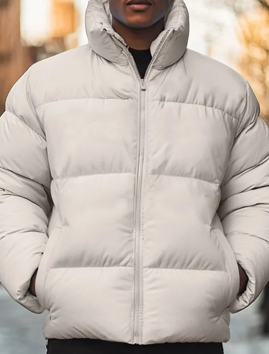 Sale OUKU Men's Winter Coat Puffer Jacket Pocket Polyster Top Christmas Office / Career Street Regular Sports Streetwear Cool Fall Winter Plain Black White Pink Blue Puffer Jacket