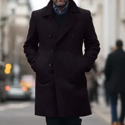 OUKU Men's Winter Coat Trench Coat Formal Wedding Warm Pocket Winter Solid Color Christmas Elegant Peaked Lapel Regular Black Khaki Gray Jacket