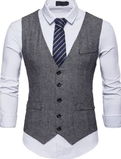 Hot OUKU Men's Winter Coat Vest Waistcoat Wedding Party Work Business Basic Smart Casual Spring & Fall Polyester Polka Dot V Neck Slim Black Khaki Gray Vest