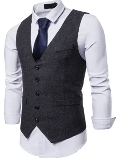 Hot OUKU Men's Winter Coat Vest Waistcoat Wedding Party Work Business Basic Smart Casual Spring & Fall Polyester Polka Dot V Neck Slim Black Khaki Gray Vest