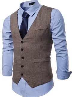 Hot OUKU Men's Winter Coat Vest Waistcoat Wedding Party Work Business Basic Smart Casual Spring & Fall Polyester Polka Dot V Neck Slim Black Khaki Gray Vest