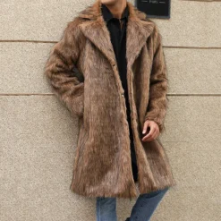 Discount OUKU Men's Winter Coat Winter Jacket Faux Fur Coat Outdoor Daily Wear Warm Pocket Fall Winter Plain Fashion Streetwear Lapel Regular Black White Yellow Brown Light Grey Jacket