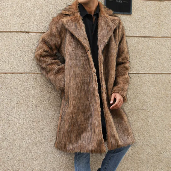 Discount OUKU Men's Winter Coat Winter Jacket Faux Fur Coat Outdoor Daily Wear Warm Pocket Fall Winter Plain Fashion Streetwear Lapel Regular Black White Yellow Brown Light Grey Jacket