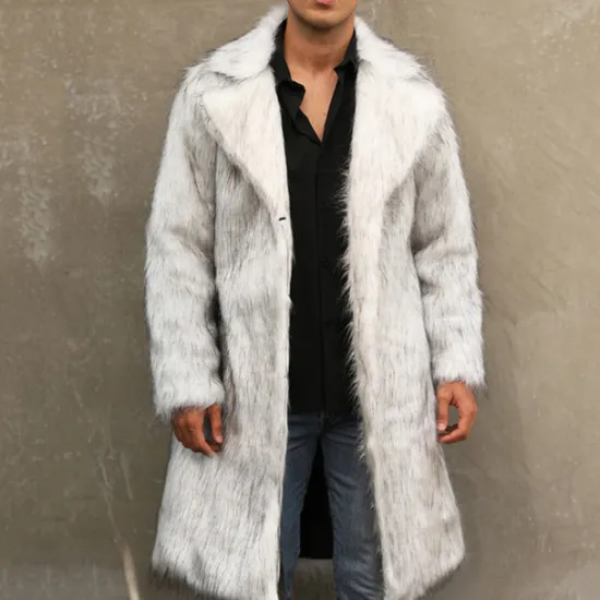 Discount OUKU Men's Winter Coat Winter Jacket Faux Fur Coat Outdoor Daily Wear Warm Pocket Fall Winter Plain Fashion Streetwear Lapel Regular Black White Yellow Brown Light Grey Jacket