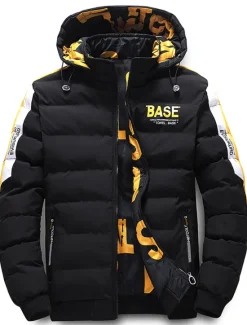 OUKU Men's Winter Coat Winter Jacket Puffer Jacket Quilted Jacket Pocket Full Zip Print Outdoor Street Daily Regular Sporty Casual Warm Breathable Fall Winter Letter Black Yellow Red Khaki Puffer Jacket