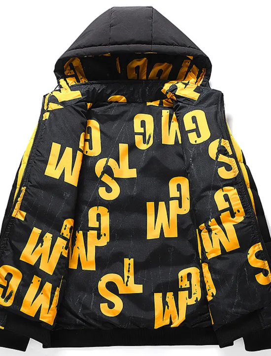 OUKU Men's Winter Coat Winter Jacket Puffer Jacket Quilted Jacket Pocket Full Zip Print Outdoor Street Daily Regular Sporty Casual Warm Breathable Fall Winter Letter Black Yellow Red Khaki Puffer Jacket