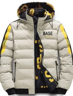 OUKU Men's Winter Coat Winter Jacket Puffer Jacket Quilted Jacket Pocket Full Zip Print Outdoor Street Daily Regular Sporty Casual Warm Breathable Fall Winter Letter Black Yellow Red Khaki Puffer Jacket