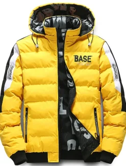 OUKU Men's Winter Coat Winter Jacket Puffer Jacket Quilted Jacket Pocket Full Zip Print Outdoor Street Daily Regular Sporty Casual Warm Breathable Fall Winter Letter Black Yellow Red Khaki Puffer Jacket