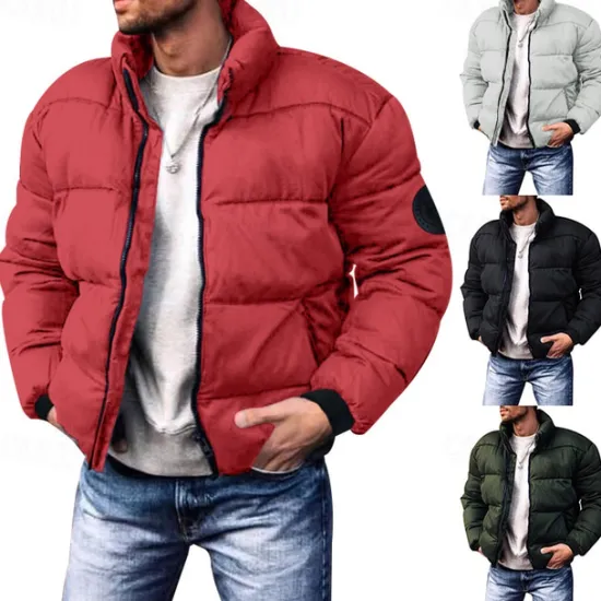 OUKU Men's Winter Coat Winter Jacket Puffer Jacket Cardigan Pocket Zipper Pocket Going out Casual Daily Hiking Windproof Warm Winter Pure Color Black Red Light Grey Army Green Puffer Jacket